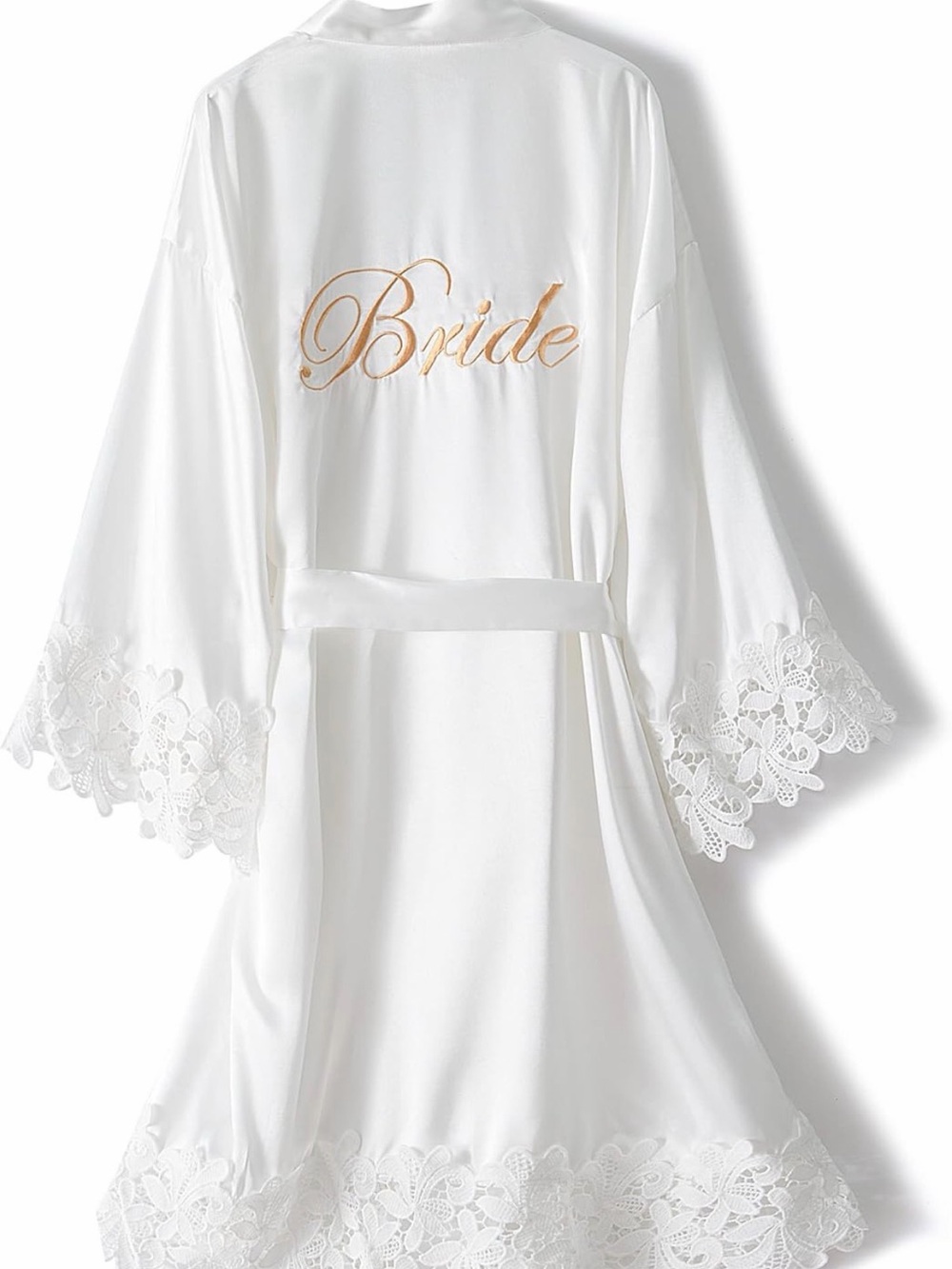 Women's Lace Trim Bride Kimono Robes with Embroidery Bridal Satin Bathrobe